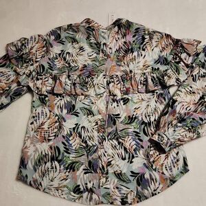 Aimae Tropical Print Ruffled Yoke Button Front Western Flair Long Sleeve Size Me